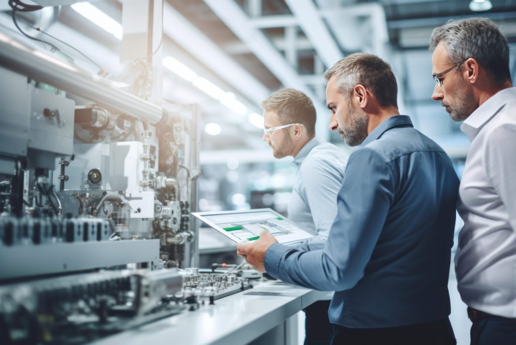 Three specialists reviewing a tablet beside precision manufacturing equipment