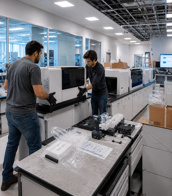 Two technicians unpacking laboratory analysers in a clean laboratory