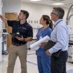 medical and logistics team examine entrance points to a room
