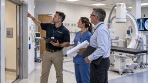 medical and logistics team examine entrance points to a room