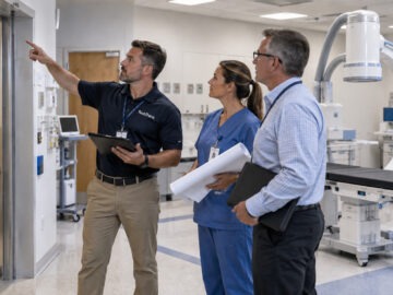 medical and logistics team examine entrance points to a room