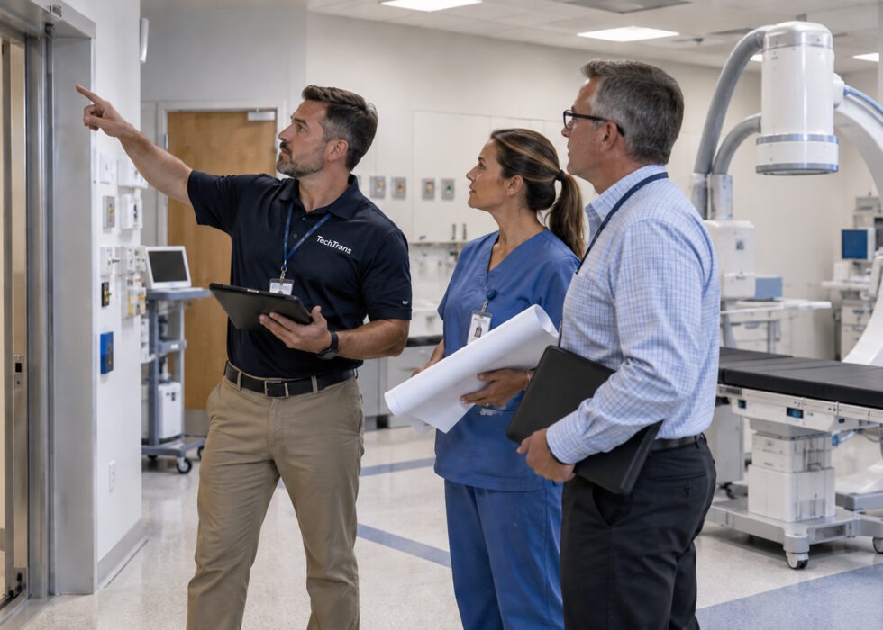 medical and logistics team examine entrance points to a room